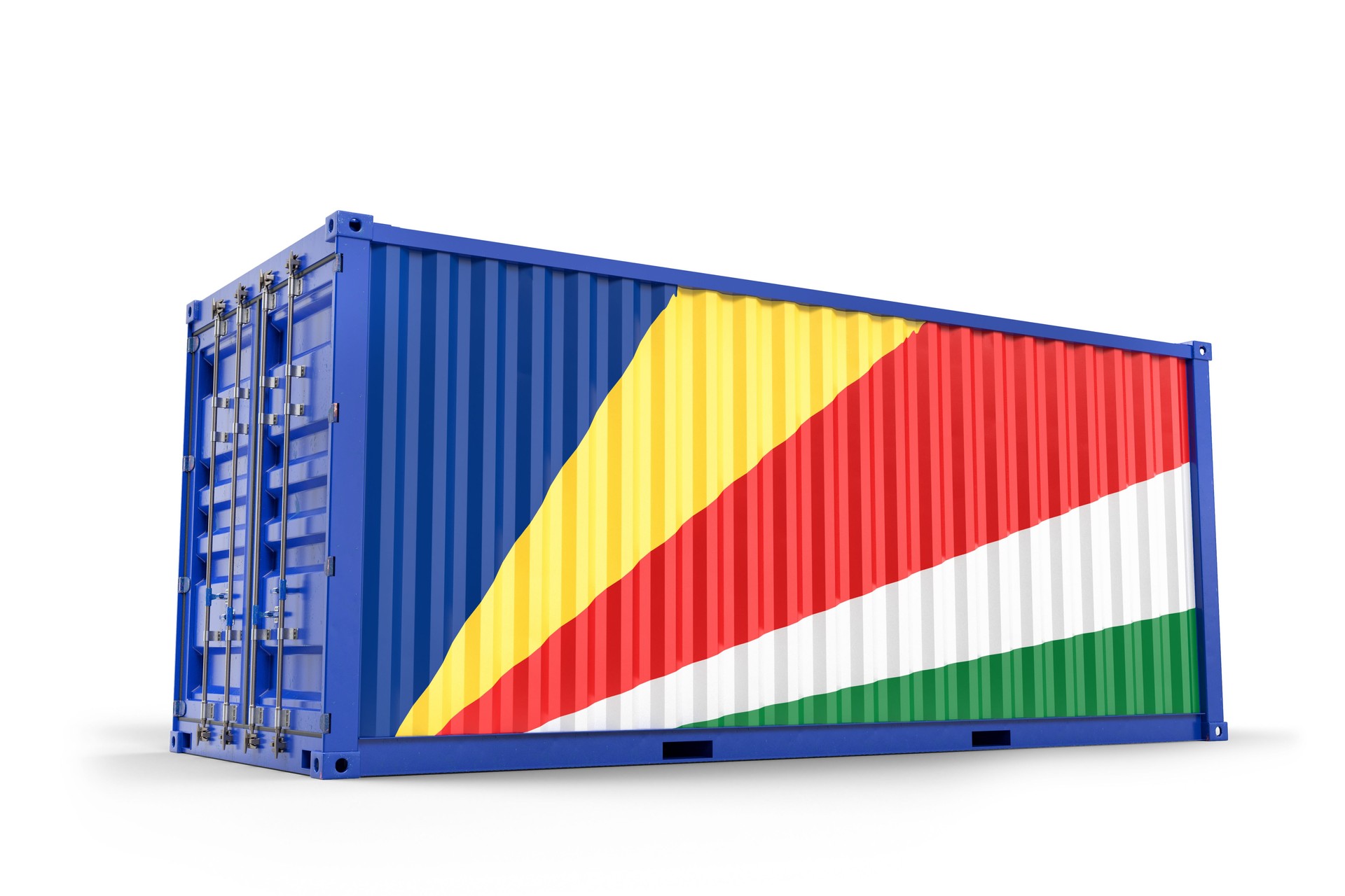 Cargo shipping container displaying Seychelles national flag, symbolizing international maritime commerce and global economic connections. 3d Rendering